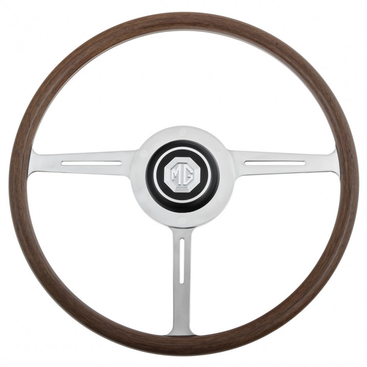 Steering Wheel, MGA factory style, wood rim, with centre pad and boss